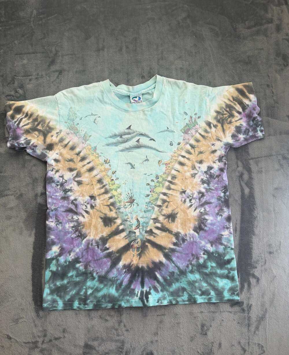 Vintage 90s Liquid Blue Ocean Dolphin Whale All Over Print Tie Dye T-Shirt XL